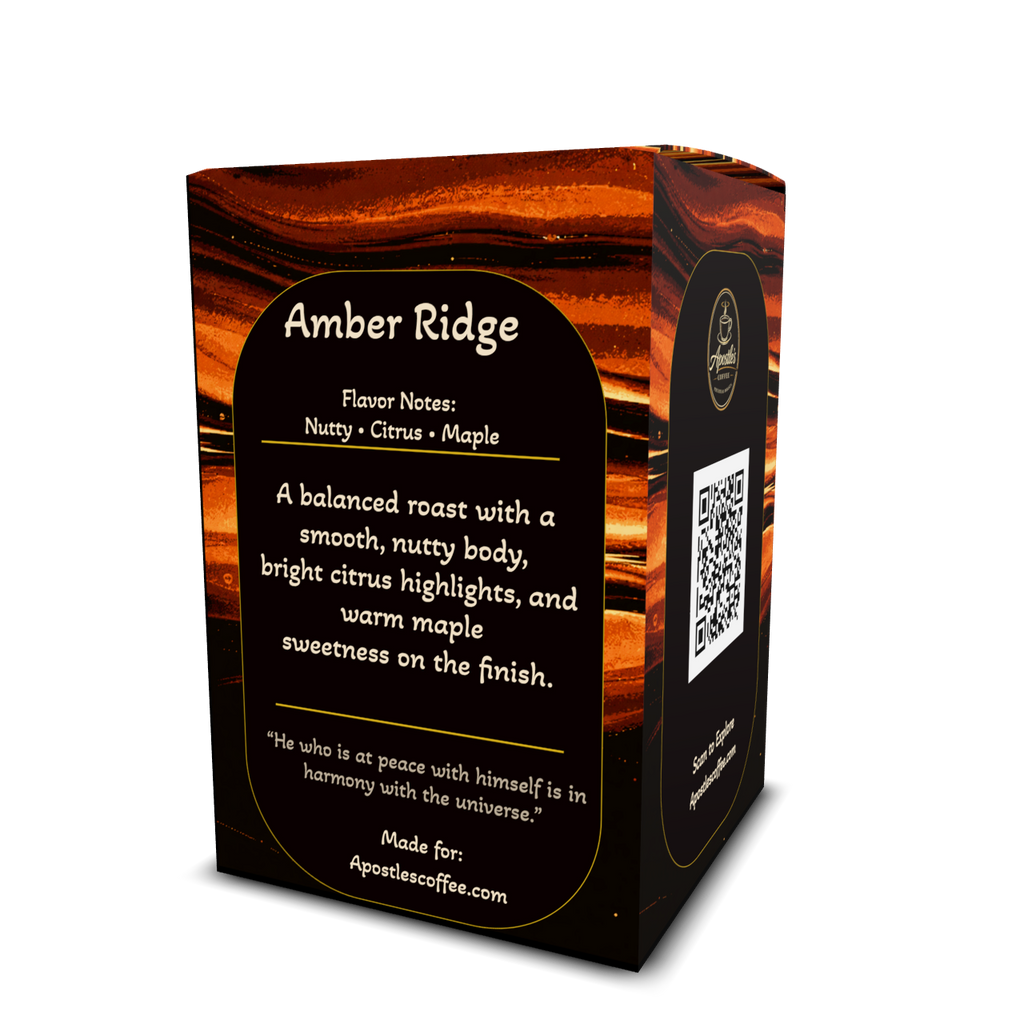 Amber Ridge coffee pods box back label and information