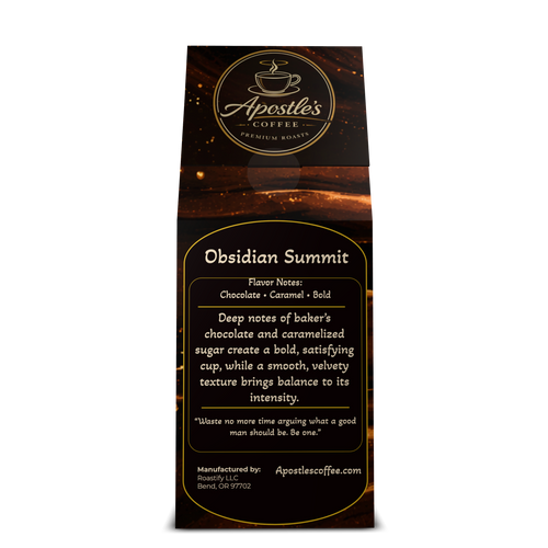 Obsidian Summit dark roast coffee beans bag back label