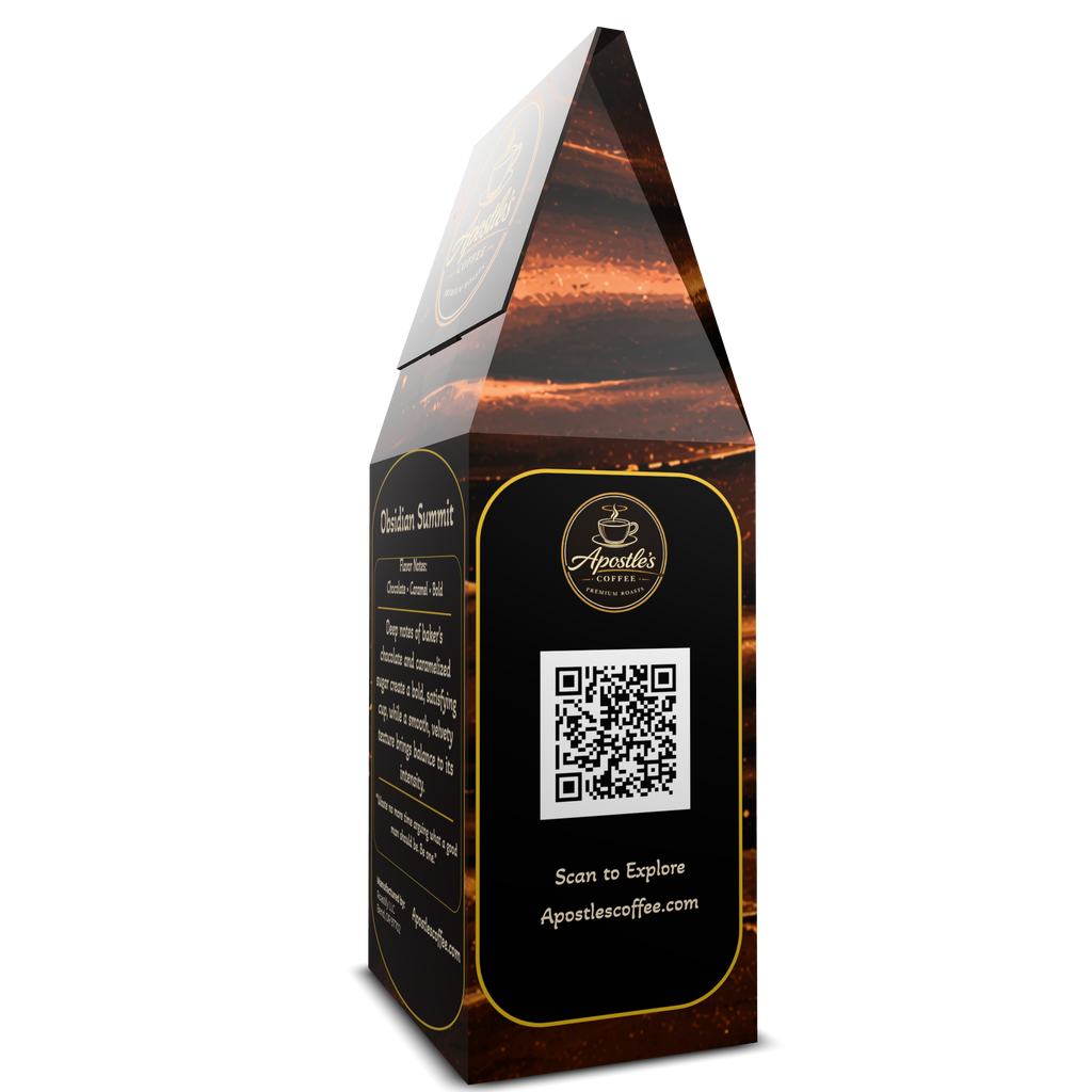 Obsidian Summit dark roast coffee beans bag side with qr